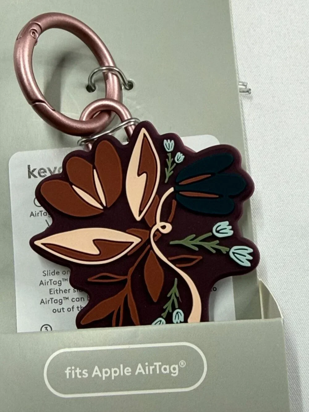 Heyday Artist Series AirTag Burgundy Keychain Holder Floral Carabiner Clip New